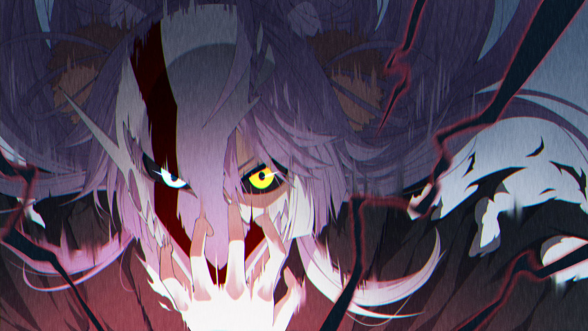 1girl, absurdres, black_sclera, bleach, blue_eyes, broken_mask, colored_sclera, commentary_request