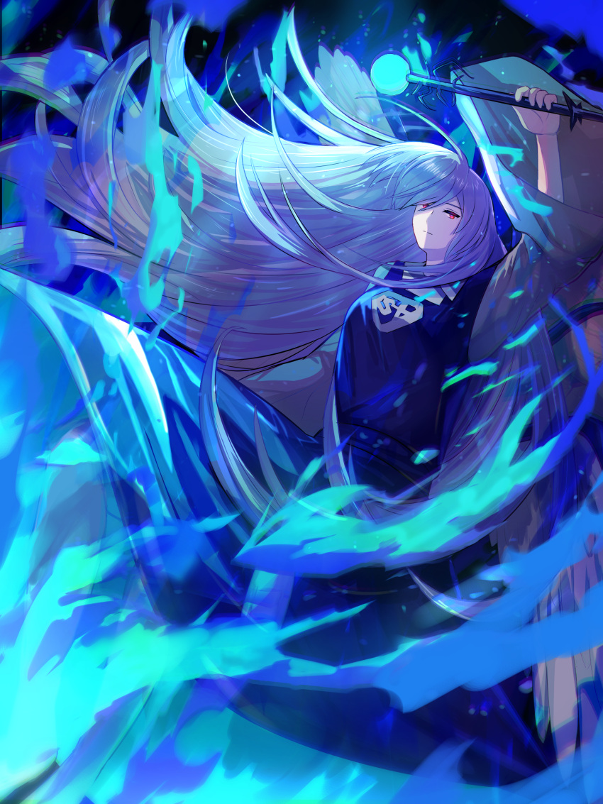 1girl, absurdres, angel_wings, ayumi_(ayumi99999999), blue_dress, blue_fire, dress, expressionless