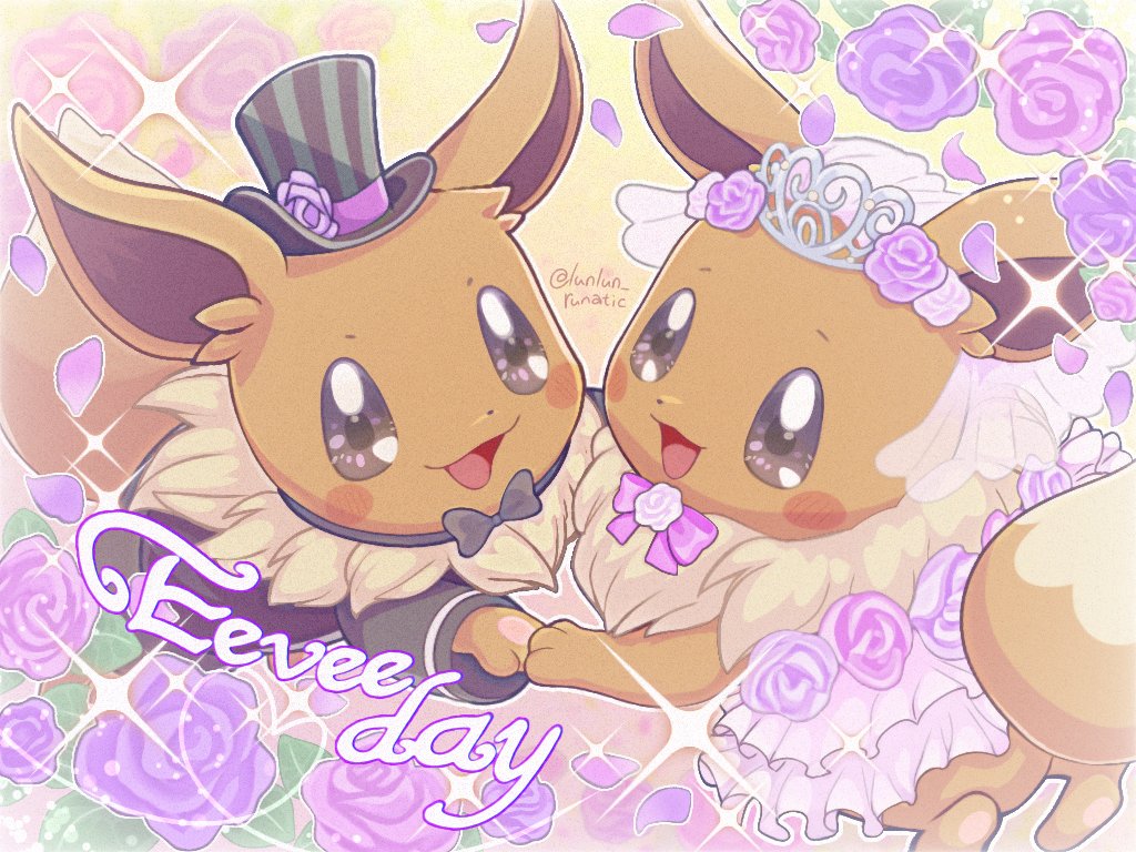 animal_focus, blush, bow, bridal_veil, bright_pupils, brown_eyes, dress, eevee, eevee_(fancy_dress), eevee_(fancy_tux), flower, hat, looking_at_viewer, no_humans, open_mouth, petals, pokemon, pokemon_(creature), pokemon_cafe_remix, rose, runachikku, smile, tiara, top_hat, tuxedo, veil, wedding, wedding_dress, white_pupils