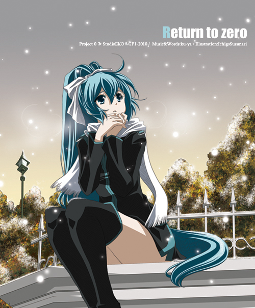 alternate_hairstyle, aqua_eyes, aqua_hair, hair_ribbon, hatsune_miku, long_hair, ponytail, ribbon, scarf, sitting, snow, snowing, solo, suzunari_ichigo, thigh-highs, thighhighs, very_long_hair, vocaloid, winter