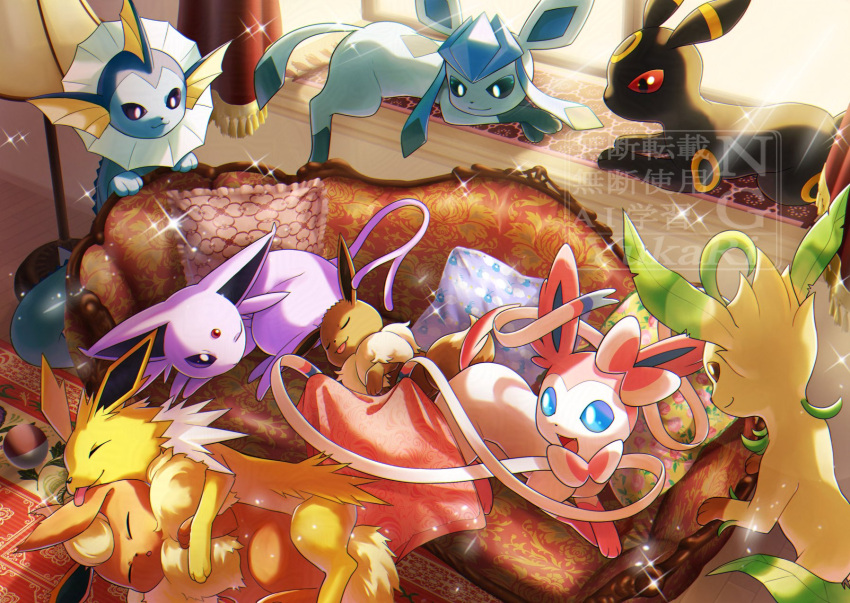 black_eyes, blue_eyes, bright_pupils, brown_eyes, colored_sclera, couch, eevee, espeon