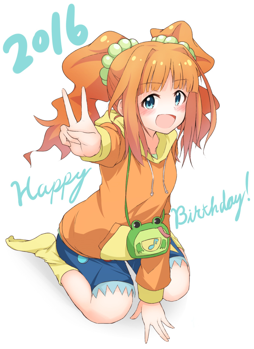 1girl, 2016, :d, blue_eyes, blue_shorts, blush, commentary_request, daidaiiro