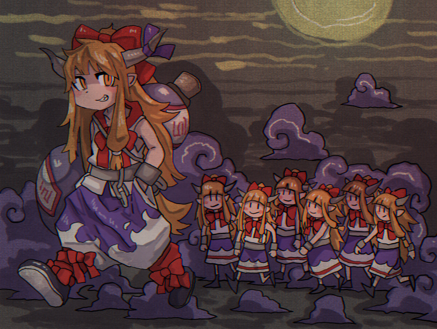 6+girls, absurdres, baggy_pants, blush, bow, chain, closed_mouth, doll, gourd, hair_bow, hair_ribbon, highres, horn_ornament, horn_ribbon, horns, ibuki_suika, inuyama_konan, long_hair, looking_at_viewer, multiple_girls, oni, orange_eyes, orange_hair, pants, purple_clouds, purple_ribbon, red_ribbon, ribbon, shirt, shoes, sidelocks, skirt, sleeveless, smirk, sun, touhou, very_long_hair, walking, white_shirt, |_|