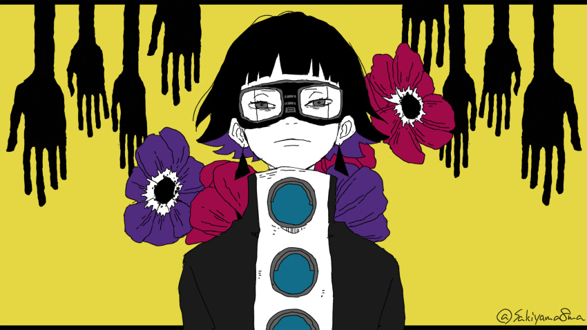 1girl, black_hair, blunt_bangs, closed_mouth, colored_inner_hair, commentary_request, earrings, flower