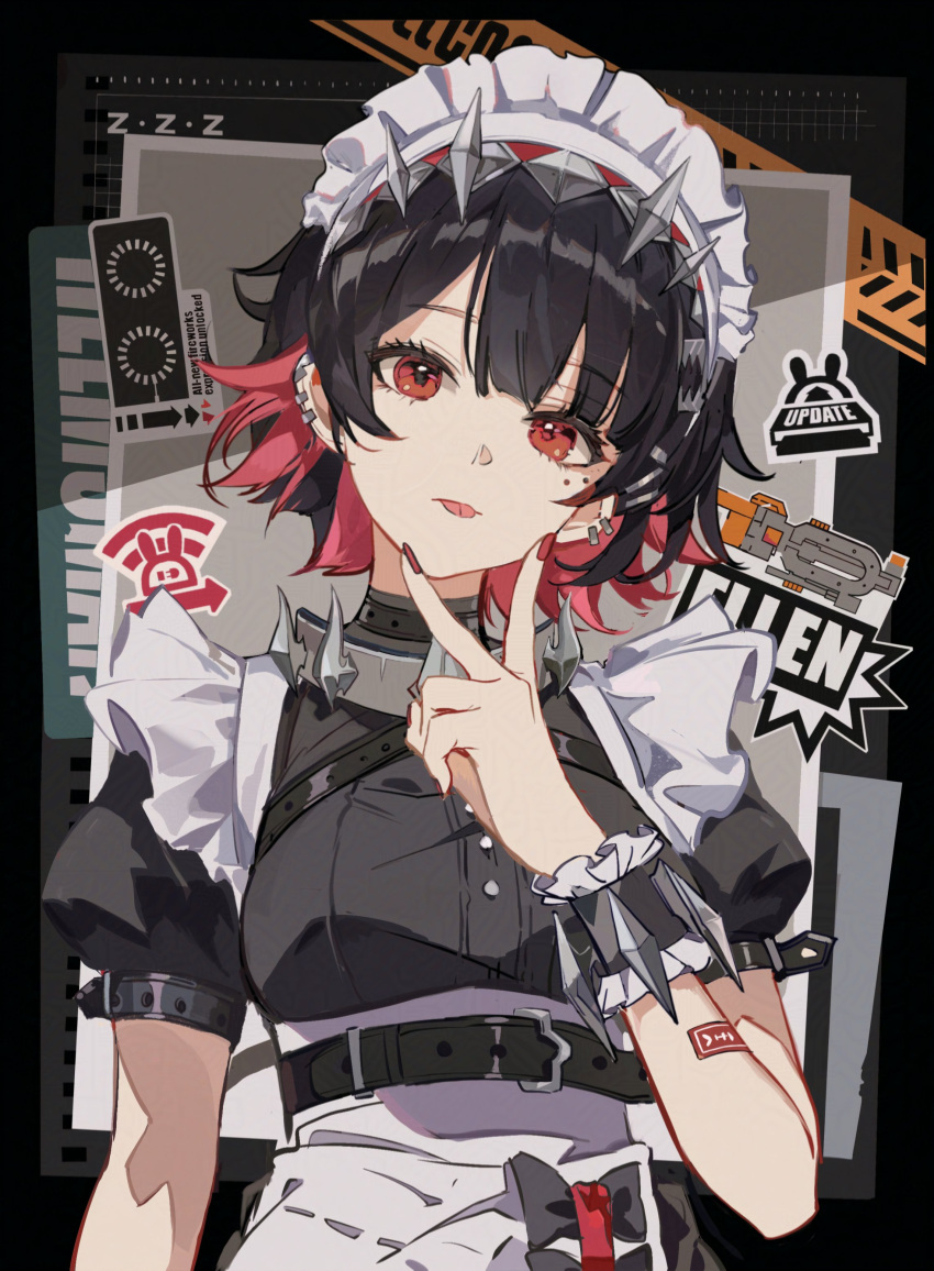 1girl, absurdres, apron, black_dress, black_hair, breasts, colored_inner_hair, commentary, dress, ear_piercing, ellen_joe, english_commentary, highres, looking_at_viewer, maid, maid_headdress, medium_breasts, metal_wrist_cuffs, multicolored_hair, nail_polish, piercing, pink_hair, pink_nails, red_eyes, short_hair, solo, tongue, tongue_out, upper_body, waist_apron, zenless_zone_zero, zerotabi1210