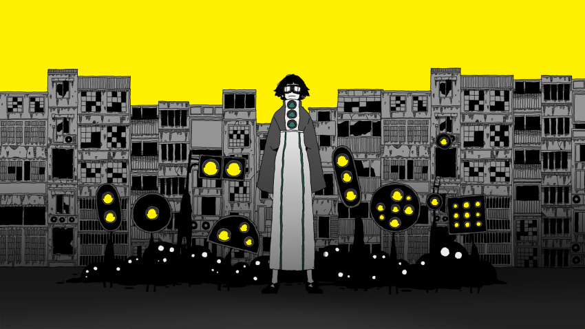 1girl, black_footwear, black_hair, broken_window, building, closed_mouth, commentary_request, creature