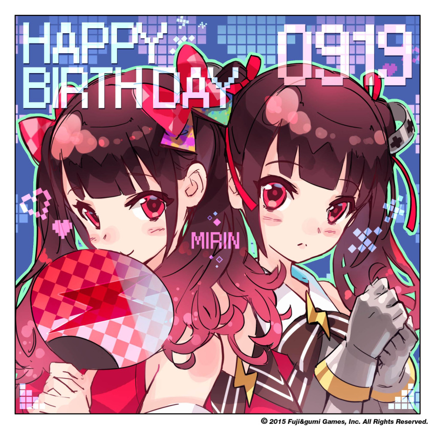 1girl, :<, birthday, bow, character_name, closed_mouth, commentary_request, copyright_notice