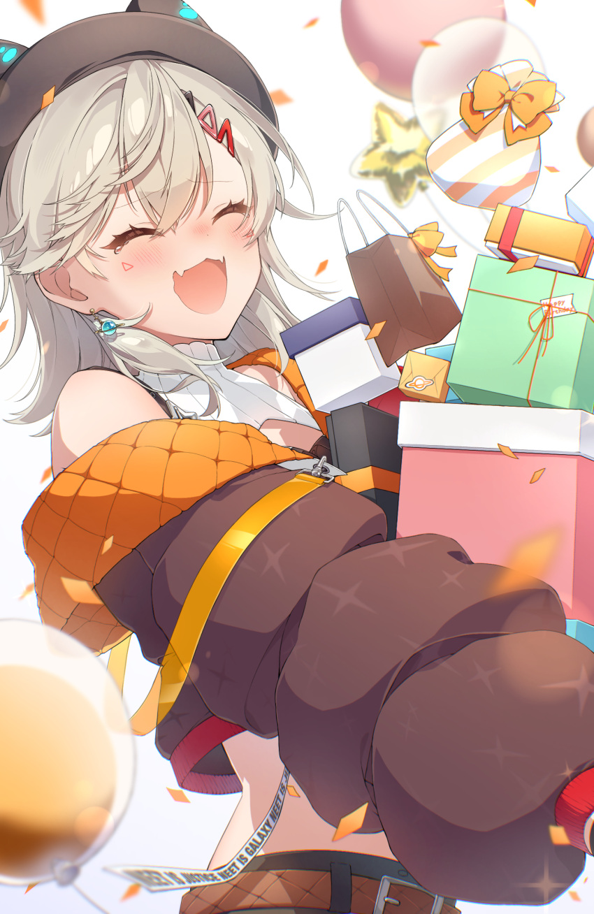 1girl, :3, :d, ^_^, animal_ears, animal_hat, balloon, belt