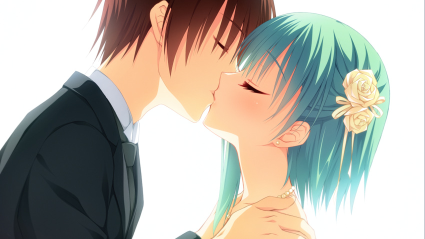 1boy, 1girl, blush, brown_hair, eyebrows, eyebrows_visible_through_hair, eyes_closed, game_cg