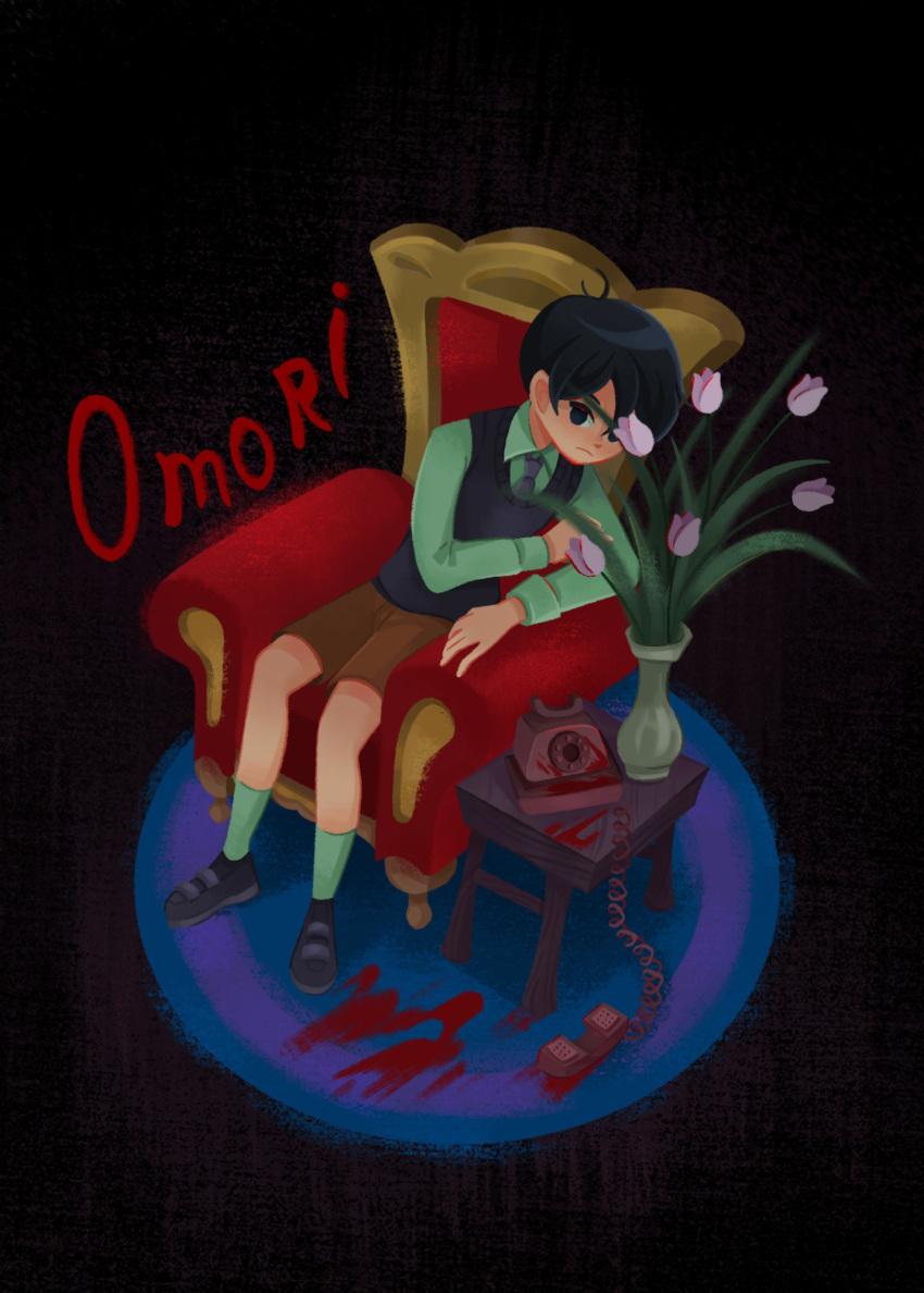 1boy, ahoge, alternate_costume, alternate_sleeve_length, antique_phone, black_background, black_eyes, black_footwear, black_hair, black_necktie, black_sweater_vest, blood, blood_stain, brown_shorts, chair, closed_mouth, collared_shirt, copyright_name, flower, green_shirt, green_socks, hicc_12, highres, long_sleeves, looking_at_viewer, male_focus, necktie, omori, phone, pink_flower, pink_rose, rose, rotary_phone, shirt, short_hair, shorts, sitting, socks, solo, sunny_(omori), sweater_vest, tulip, vase, white_shirt, white_socks