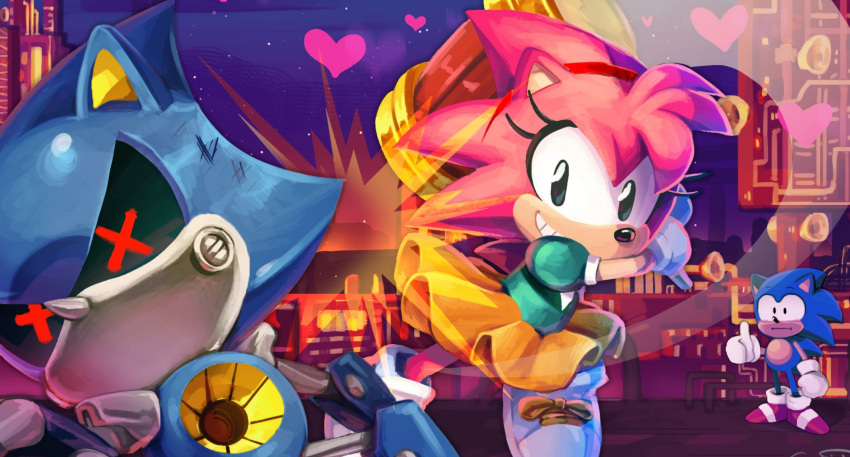 1boy, 1girl, amy_rose, gigi-d, metal_sonic, official_art, sonic_(series), sonic_the_hedgehog