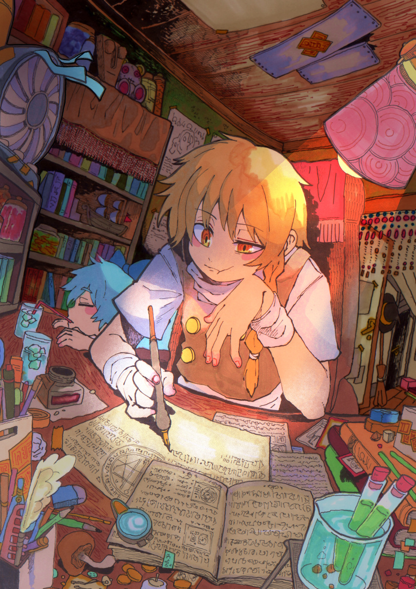 2girls, absurdres, black_vest, blonde_hair, blue_bow, blue_hair, blush, book