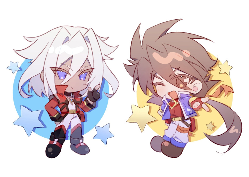 2boys, ;d, black_footwear, black_gloves, blue_eyes, blue_jacket, boots, chibi, chibi_only, closed_mouth, dark-skinned_male, dark_skin, eyes_visible_through_hair, fingerless_gloves, gloves, hair_between_eyes, hair_intakes, highres, ichibanboshi_no_rei, jacket, long_bangs, long_hair, male_focus, medium_hair, multiple_boys, nagareboshi_no_kiriga, nenene_(lofter_1364008971), one_eye_closed, open_clothes, open_jacket, open_mouth, pants, ponytail, red_gloves, red_jacket, red_shirt, red_trim, saikyou_ginga_ultimate_zero_~battle_spirits~, shirt, smile, star_(symbol), thigh_boots, tsurime, v-shaped_eyebrows, white_hair, white_pants, white_shirt