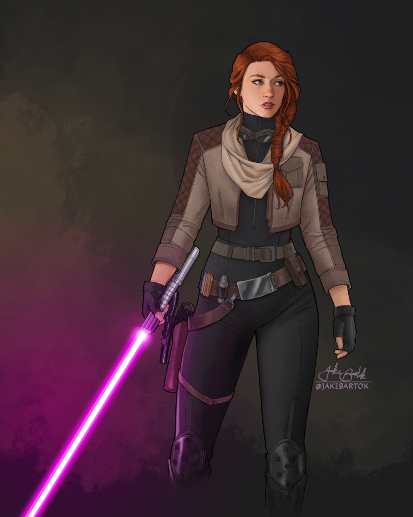 1girl, artist_name, belt, black_bodysuit, black_gloves, bodysuit, brown_jacket, cropped_jacket
