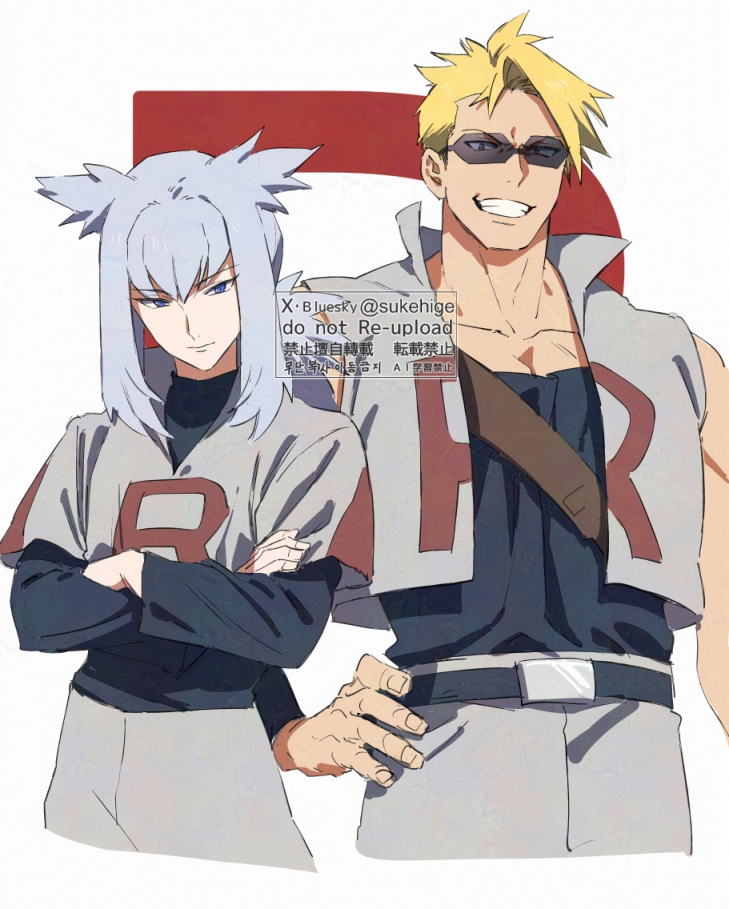 2boys, attila_(pokemon), belt, black_belt, blonde_hair, bluesky_username, closed_mouth, collarbone, cropped_legs, crossed_arms, fingernails, grey_hair, grin, hand_on_own_hip, hun_(pokemon), looking_at_viewer, male_focus, multiple_boys, pants, pokemon, pokemon_(anime), shirt, short_hair, smile, sukehige, team_rocket, team_rocket_uniform, toned, toned_male, twitter_username, white_pants, white_shirt