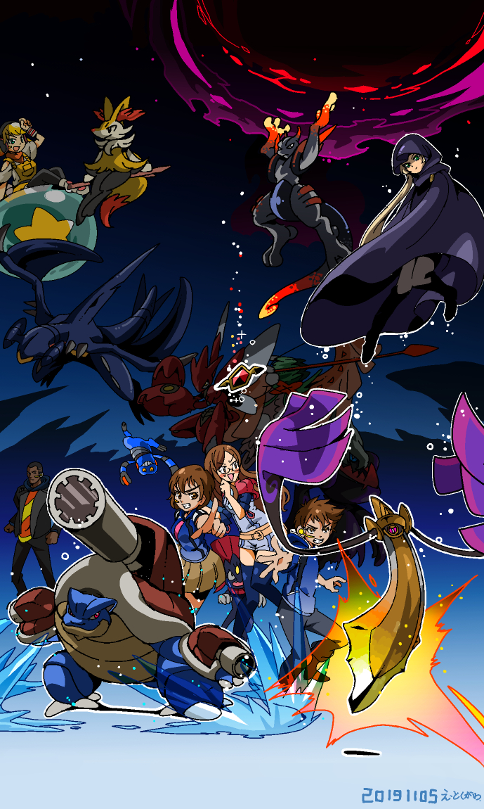 2boys, 4girls, aegislash, blastoise, blonde_hair, braixen, brown_hair, cloak