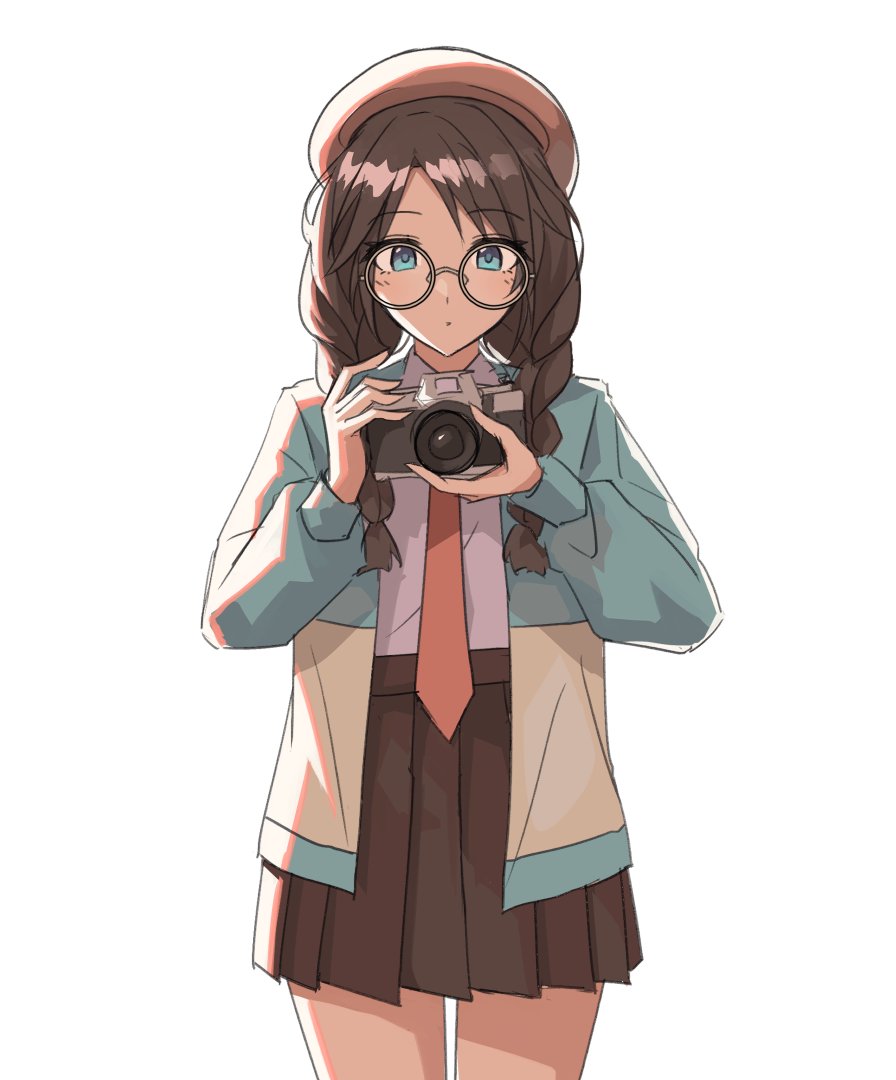 1girl, beret, black_hair, black_skirt, blue_eyes, braid, camera, closed_mouth