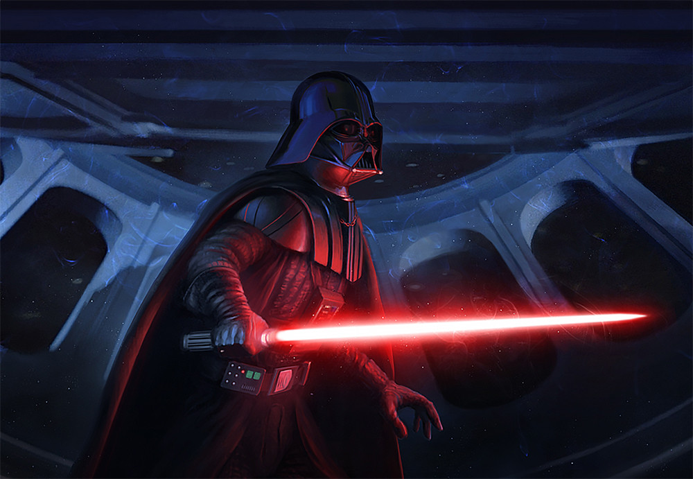 1boy, alexandr_elichev, black_cape, black_helmet, cape, darth_vader, energy_sword, helmet