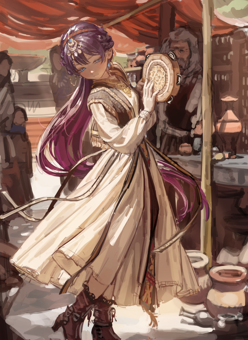 1boy, 1girl, 3others, absurdres, blue_eyes, boots, breasts, closed_mouth, commentary, commission, day, dress, english_commentary, hair_ornament, hairband, high_heel_boots, high_heels, highres, holding, holding_instrument, instrument, jar, jewelry, kiosk, long_hair, long_sleeves, looking_at_viewer, multiple_others, original, outdoors, purple_hair, small_breasts, solipsist, standing, tambourine, vase, white_dress