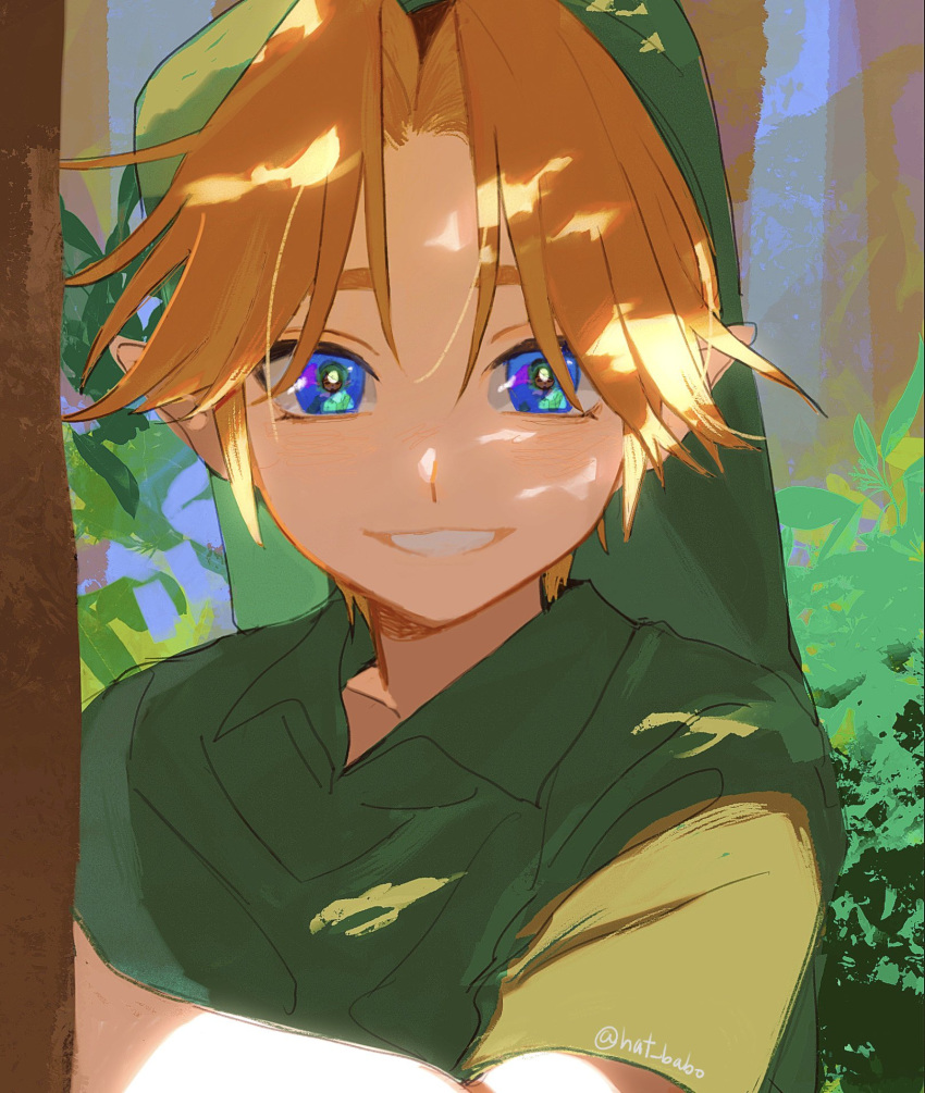 1boy, 1girl, blonde_hair, blue_eyes, bush, dappled_sunlight, day, eye_reflection