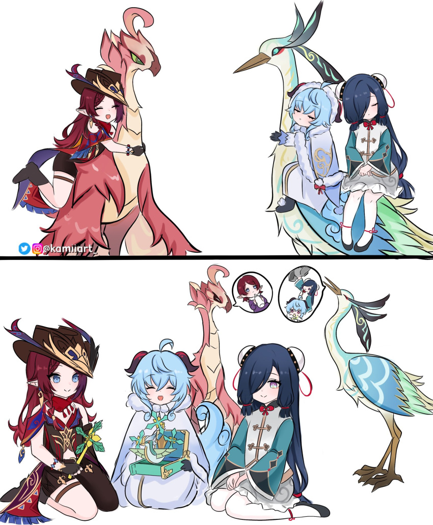 3girls, archaeopteryx, artist_name, bird, black_hair, blue_eyes, blue_hair, boots