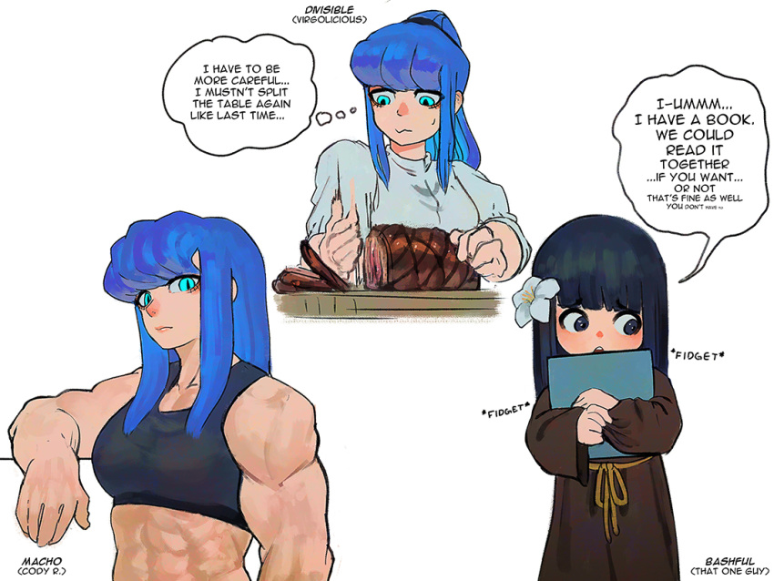 1girl, abs, asymmetrical_bangs, black_eyes, blue_eyes, blue_hair, bob_(wafferscotch), boned_meat
