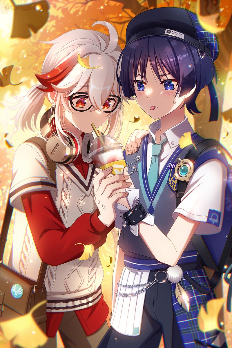 2boys, aqua_necktie, beret, black_hat, black_shorts, blush, brown_pants, cup, disposable_cup, genshin_impact, glasses, hat, headphones, headphones_around_neck, highres, kaedehara_kazuha, kaedehara_kazuha_(mcdonalds), long_sleeves, male_focus, multicolored_hair, multiple_boys, necktie, pants, purple_hair, red_eyes, red_shirt, redhead, scaramouche_(genshin_impact), shirt, short_hair, short_sleeves, shorts, tongue, tongue_out, torigara_33, vest, violet_eyes, wanderer_(genshin_impact), wanderer_(mega_mgc_coffee)_(genshin_impact), white_hair, white_shirt
