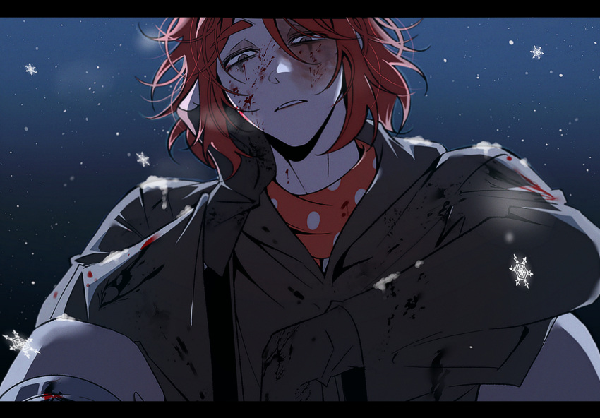 1boy, black_coat, black_gloves, blood, blood_on_clothes, blood_on_face, burn_scar, coat