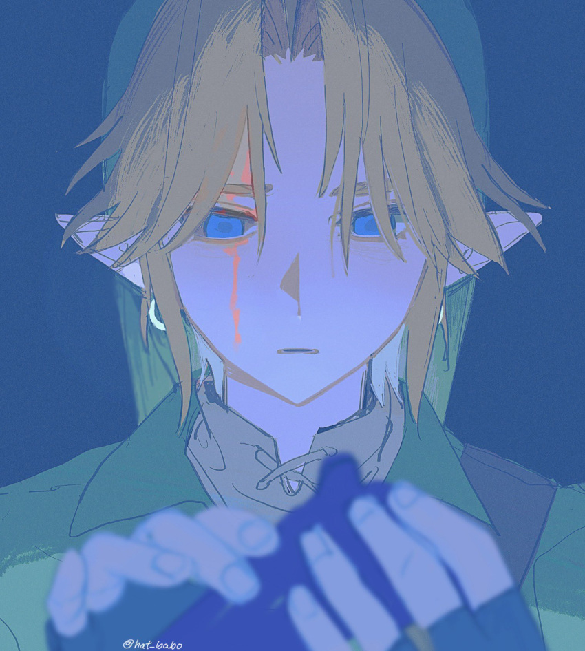 1boy, alternate_blood_color, blonde_hair, blood, blood_on_face, blue_eyes, earrings, fingerless_gloves, gloves, green_tunic, hat, hat_babo, highres, instrument, jewelry, link, looking_down, male_focus, ocarina, open_mouth, pointy_ears, remembering, sad, shirt, simple_background, solo, the_legend_of_zelda, the_legend_of_zelda:_ocarina_of_time, tunic