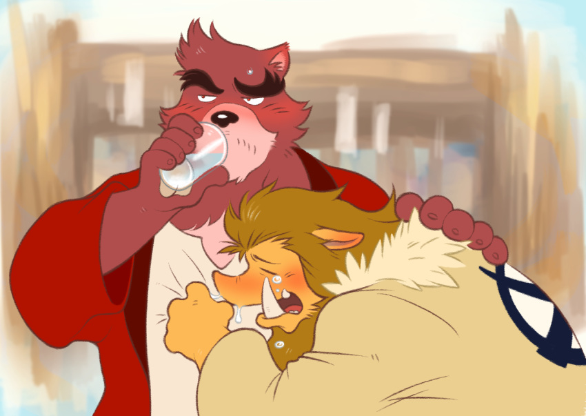 2boys, animal_ears, awkward, bakemono_no_ko, bear_boy, bear_ears, beard, blonde_hair