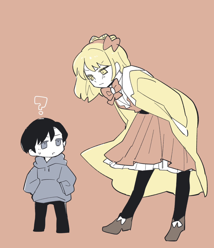 1boy, 1girl, ?, bent_over, black_hair, blonde_hair, bow, bowtie
