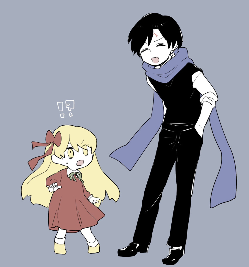 !?, 1boy, 1girl, black_hair, blonde_hair, blue_scarf, closed_eyes, demian_(project_moon)