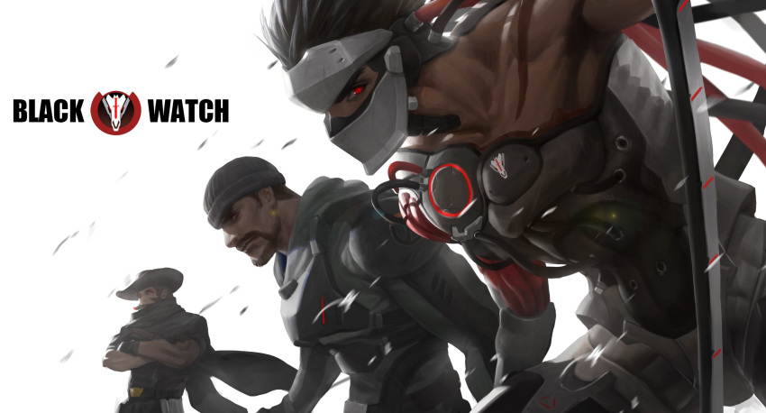 3boys, armor, beanie, beard, black_armor, black_hair, black_hat, black_scarf