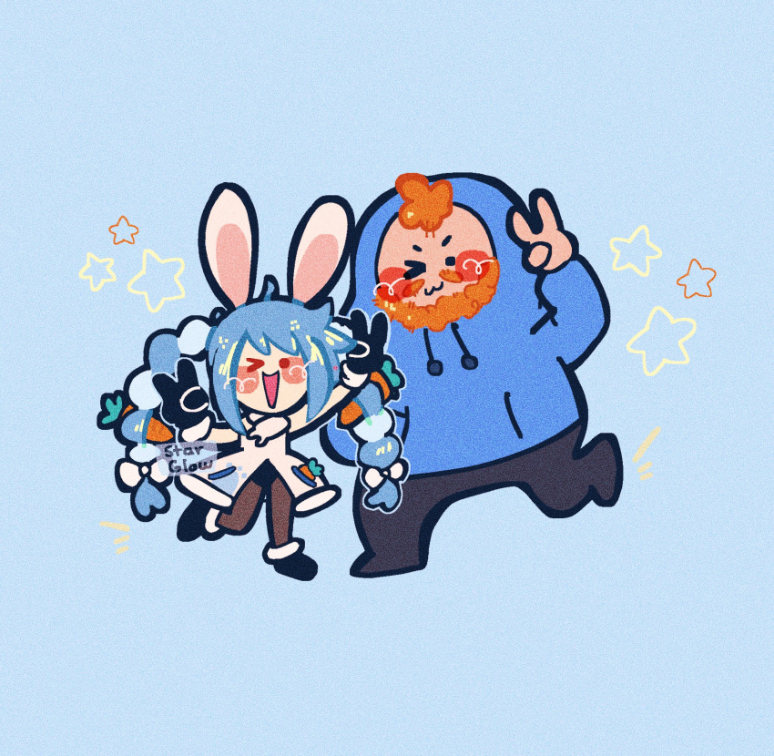 1boy, 1girl, animal_ears, beard, black_gloves, black_pants, blue_background, blue_hair, blue_hoodie, braid, carrot_hair_ornament, caseoh, double_v, english_commentary, facial_hair, food-themed_hair_ornament, gloves, hair_ornament, hand_up, highres, hololive, hood, hoodie, long_hair, one_eye_closed, open_mouth, orange_hair, pants, rabbit_ears, simple_background, standing, standing_on_one_leg, star_(symbol), starglow, twin_braids, usada_pekora, v, virtual_youtuber