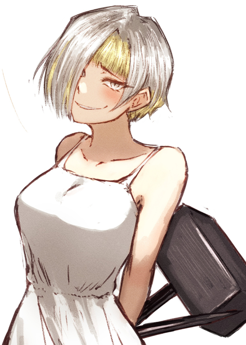 1girl, absurdres, akita_(akitakipuromun), arms_behind_back, blonde_hair, dress, e.g.o_(project_moon), hammer, highres, holding, holding_hammer, kromer_(project_moon), limbus_company, looking_at_viewer, multicolored_hair, nail_(hardware), project_moon, remorse_(e.g.o), sleeveless, sleeveless_dress, smile, sundress, white_dress, white_eyes, white_hair