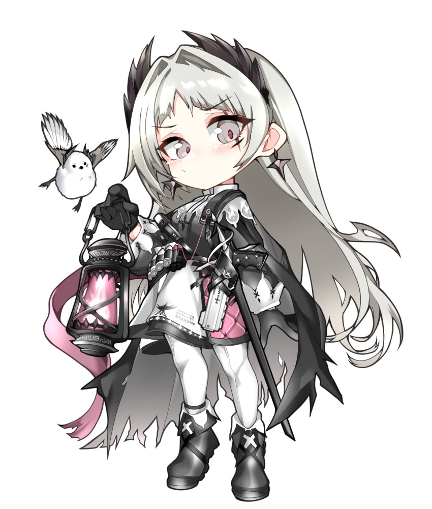1girl, animal, arknights, bird, black_cape, black_gloves, blush, cape