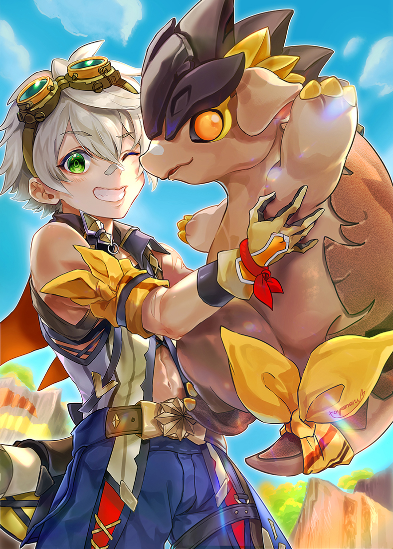 1boy, 1other, abs, animal, armband, bandaid, bandaid_on_face, bandaid_on_nose