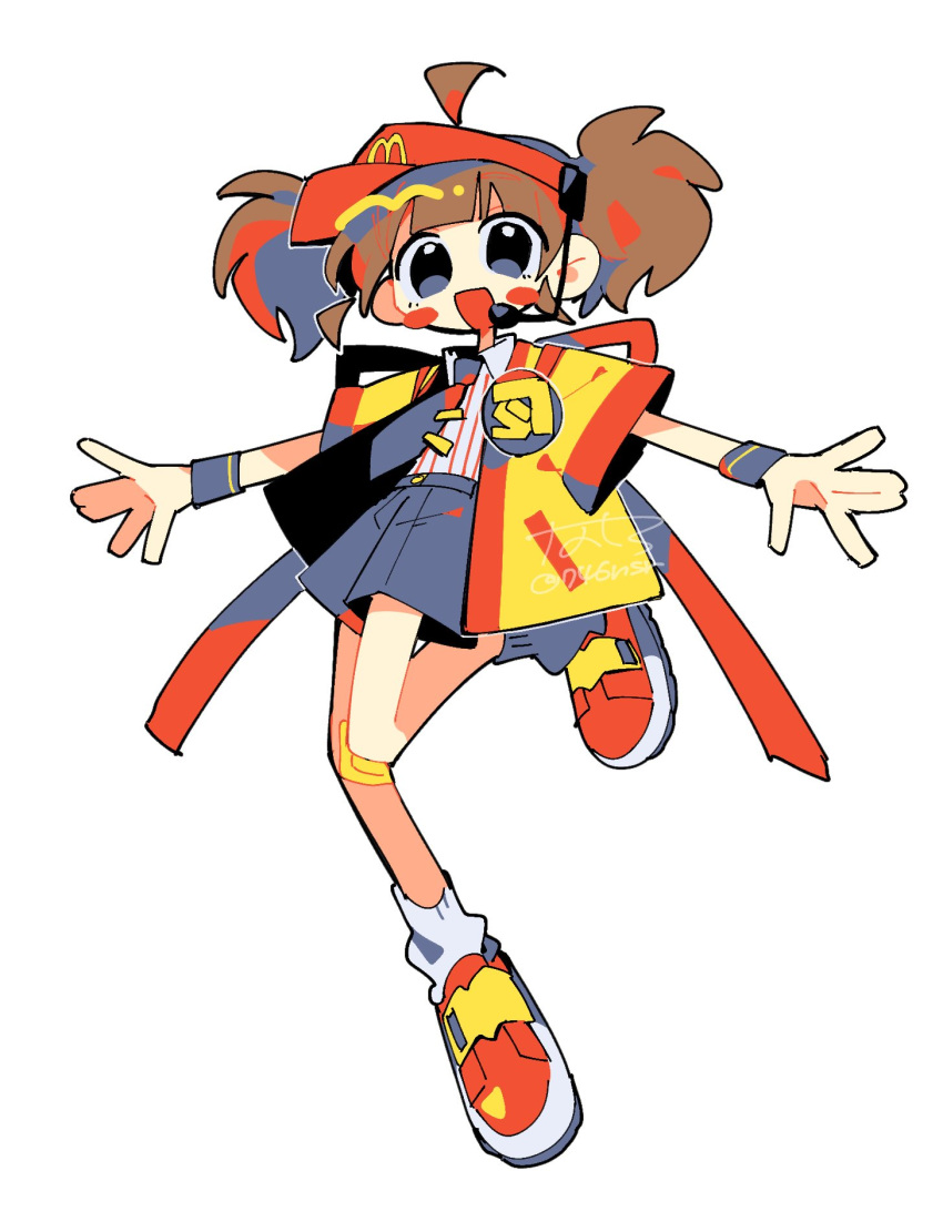 1girl, ahoge, black_eyes, blush_stickers, employee_uniform, fast_food_uniform, full_body, gauze_on_knee