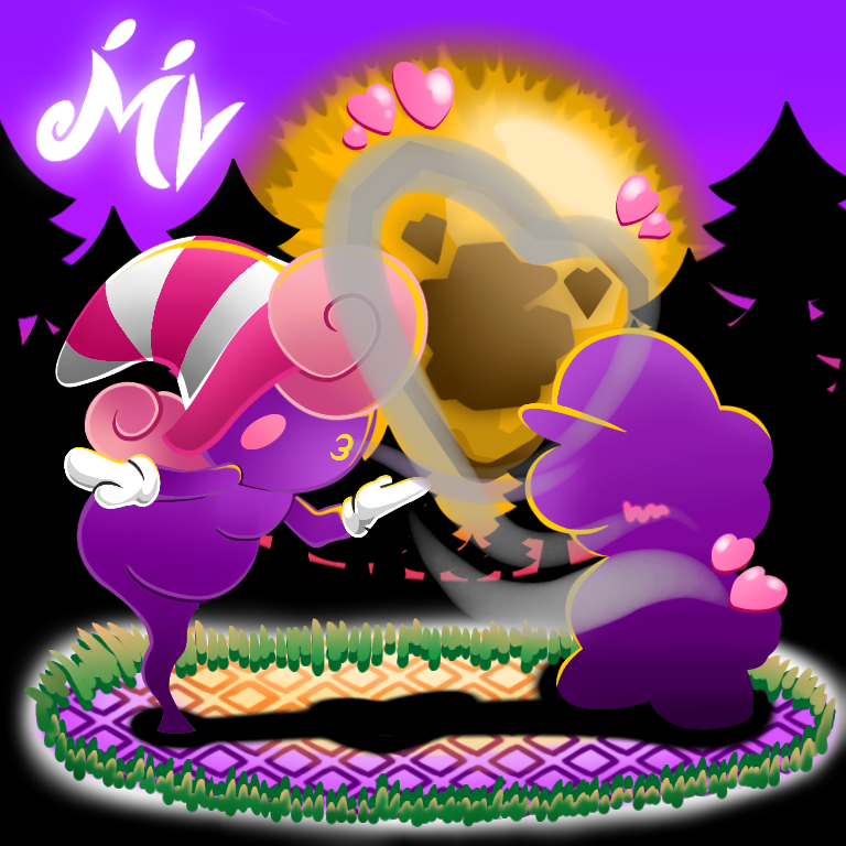 blowing_kiss, blush, chubby, floor_tiles, forest, ghost, gloves, gradient_background, grass, heart, hidden_eyes, moon, moonlight, no_eyes, paper_mario, paper_mario:_the_thousand_year_door, pink_hair, purple_background, shadow, shadow_sirens, super_mario_bros., trees, twilight, vivian_(paper_mario), witch_hat