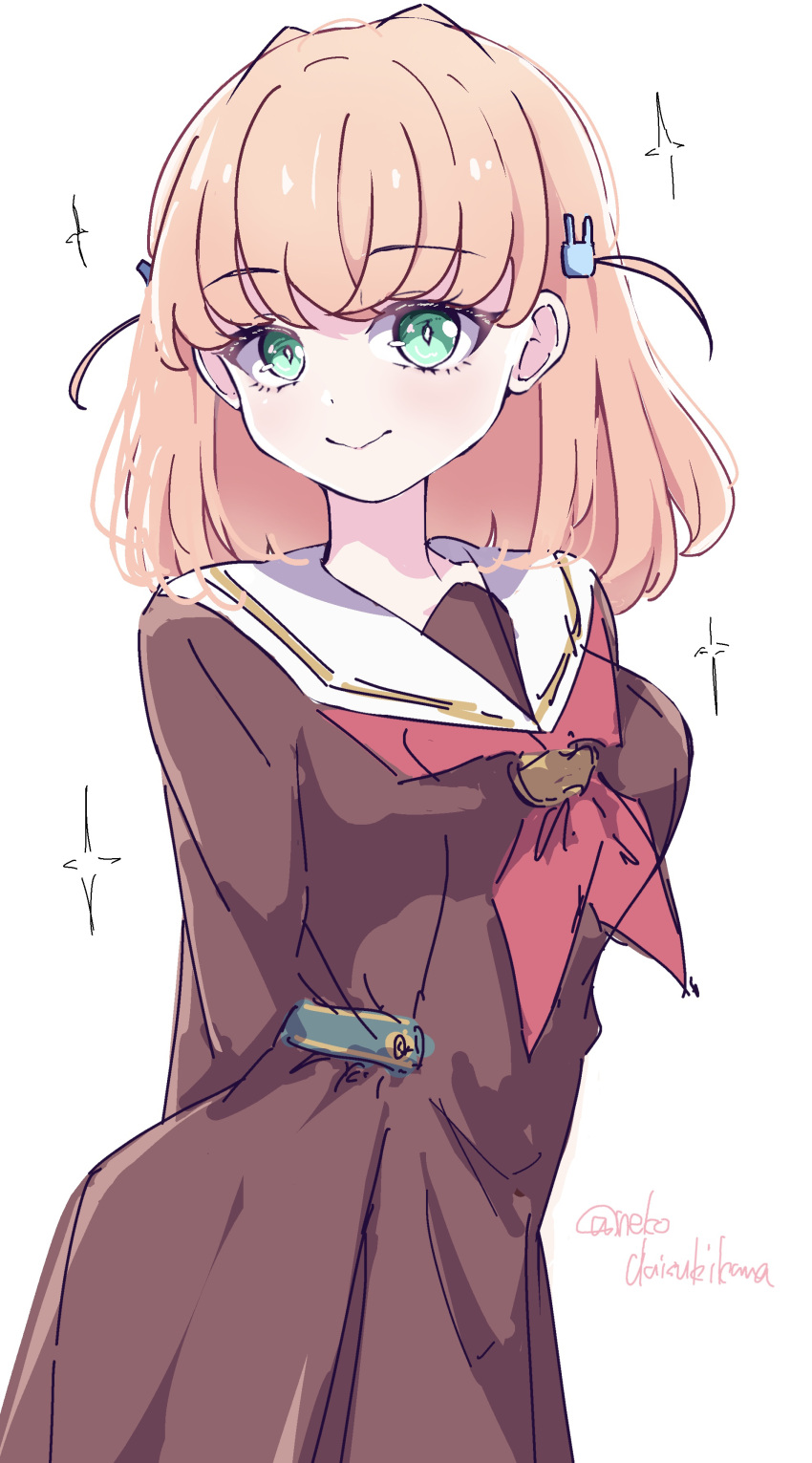 1girl, absurdres, aqua_eyes, breasts, brown_dress, closed_mouth, commentary_request, crossed_bangs