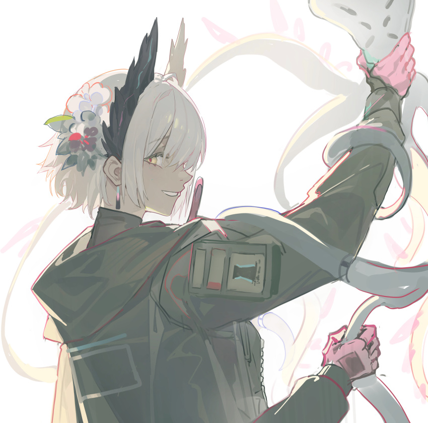 1girl, absurdres, arknights, arm_up, bird_girl, black_feathers, black_jacket, dark_skin, earrings, echj, feathers, flower, from_side, gloves, grin, hair_between_eyes, hair_flower, hair_ornament, hashtag-only_commentary, head_wings, highres, holding, hood, hooded_jacket, jacket, jewelry, long_sleeves, looking_at_viewer, looking_to_the_side, multiple_hands, pink_gloves, profile, raidian_(arknights), red_pupils, rhodes_island_logo_(arknights), short_hair, sideways_glance, sketch, smile, solo, unusually_open_eyes, white_background, white_hair, wings, yellow_eyes