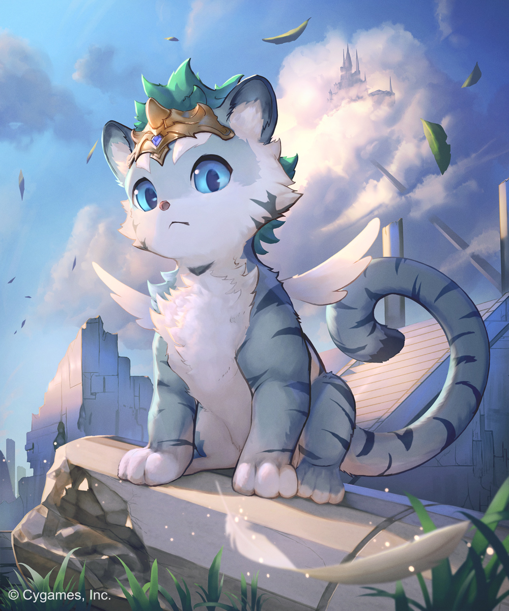 1other, blue_eyes, blue_sky, broken_pillar, castle, closed_mouth, clouds, commentary_request