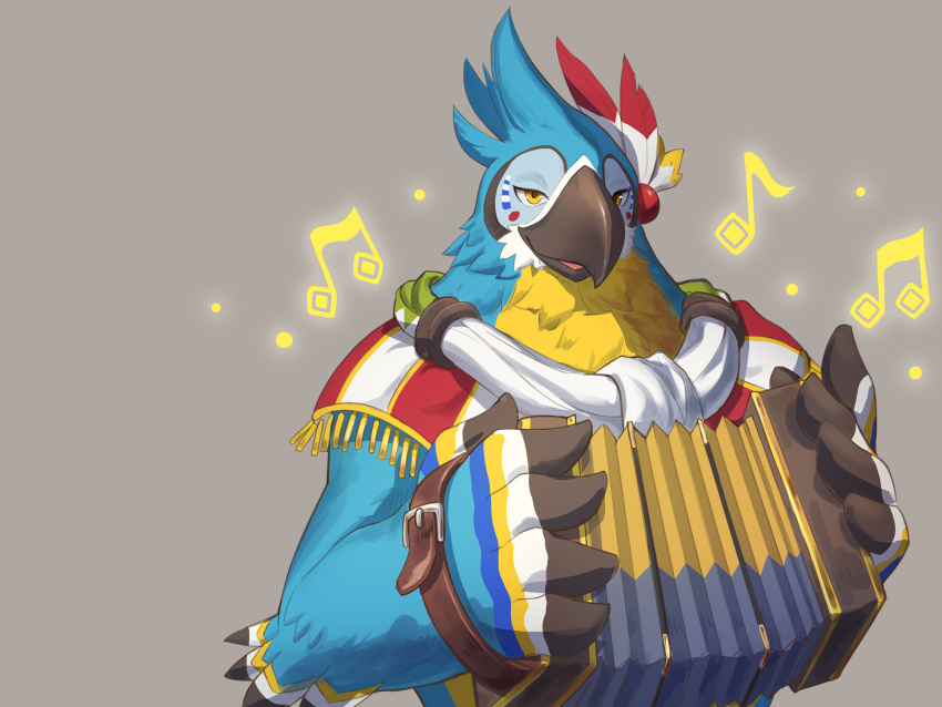 1boy, absurdres, accordion, beak, bird_boy, bird_wings, blue_feathers, english_commentary, feather_fingers, feather_hair_ornament, feathers, furry, furry_male, grey_background, hair_ornament, highres, holding, holding_instrument, instrument, kass, looking_to_the_side, male_focus, mao.j, multicolored_feathers, musical_note, scarf, smile, strap, the_legend_of_zelda, the_legend_of_zelda:_breath_of_the_wild, white_scarf, wings, yellow_feathers