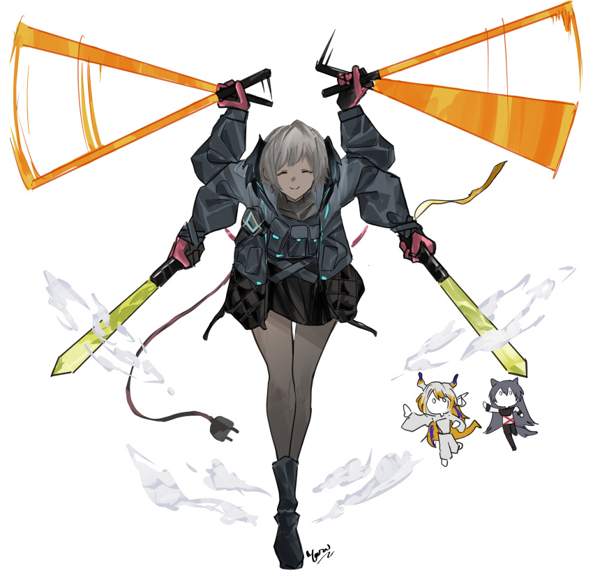 3girls, ^_^, absurdres, afterimage, arknights, black_gloves, black_jacket, chibi, closed_eyes, closed_mouth, commentary, commission, dual_wielding, electric_plug, english_commentary, extra_arms, facing_viewer, general_grievous, gloves, grey_hair, grey_pantyhose, highres, holding, holding_sword, holding_weapon, jacket, leaning, leaning_forward, long_sleeves, multiple_girls, pantyhose, parody, pink_gloves, pose_imitation, quadruple_wielding, raidian_(arknights), short_hair, shu_(arknights), simple_background, sketch, smile, standing, star_wars, star_wars:_revenge_of_the_sith, sword, texas_(arknights), weapon, white_background, yazu_(zoddiacz)