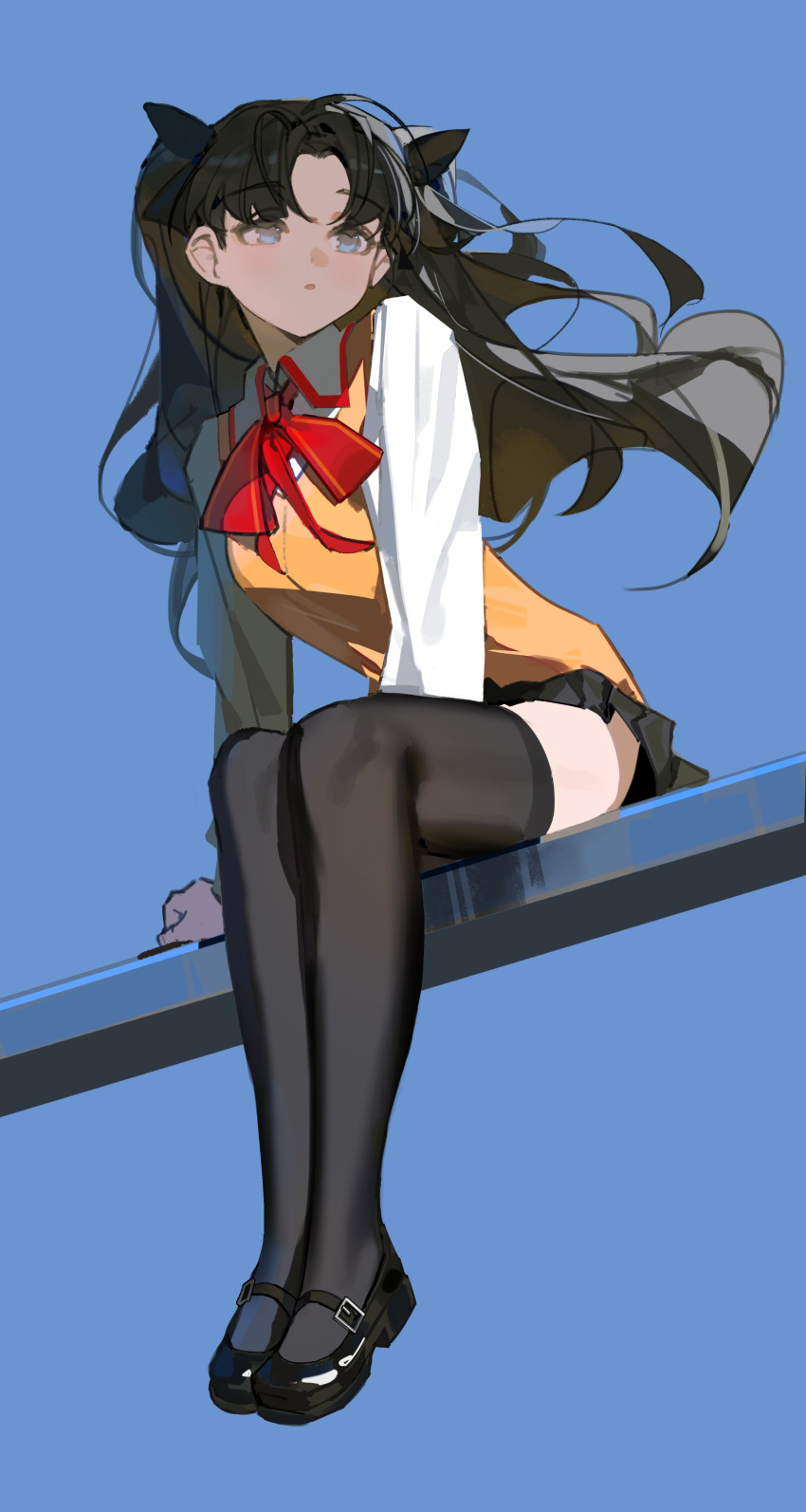 1girl, :o, absurdres, black_footwear, black_hair, black_skirt, black_thighhighs, blue_background