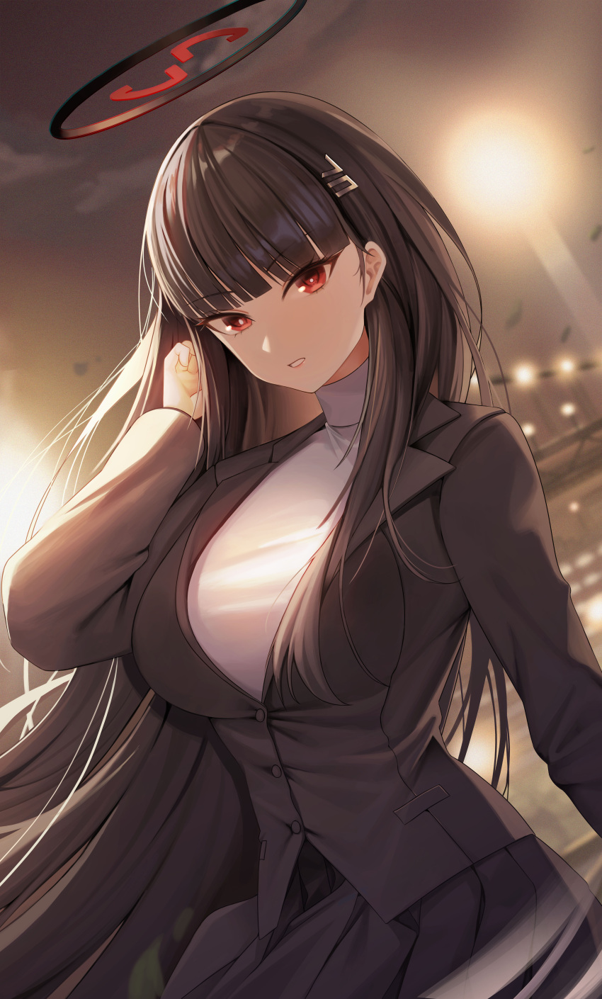 1girl, absurdres, aillatoste, black_hair, black_halo, blue_archive, bright_pupils, hair_ornament