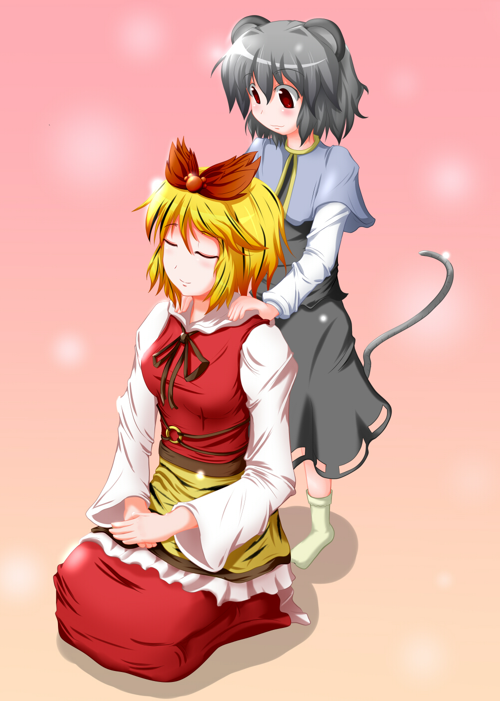 animal_ears, artist_request, black_hair, blonde_hair, grey_hair, highres, mouse_ears, mouse_tail