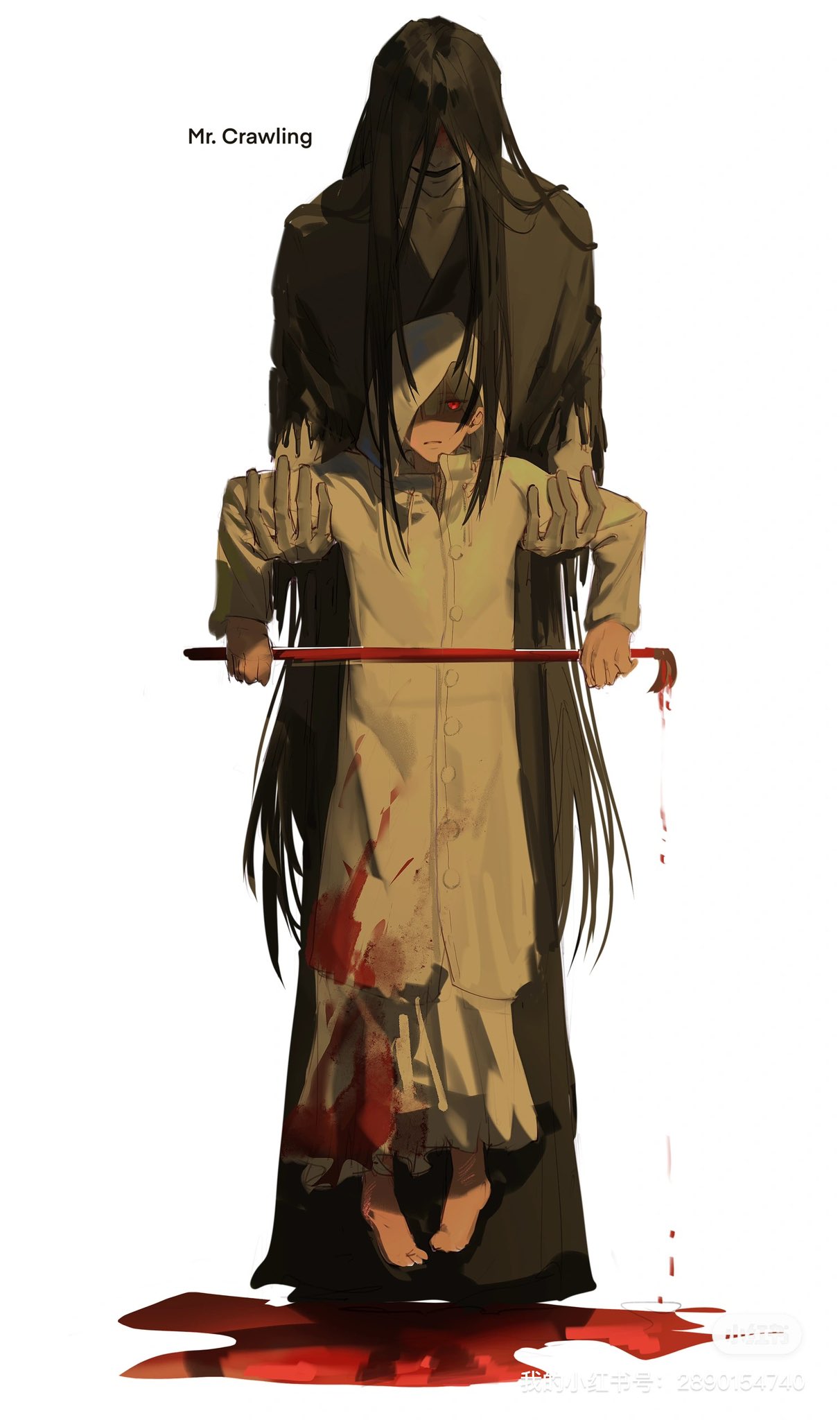1boy, 1girl, barefoot, black_coat, black_hair, blood, blood_on_clothes, blood_on_ground