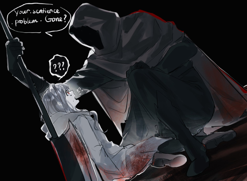 1boy, 1girl, axe, black_background, black_cloak, black_footwear, black_gloves, black_pants