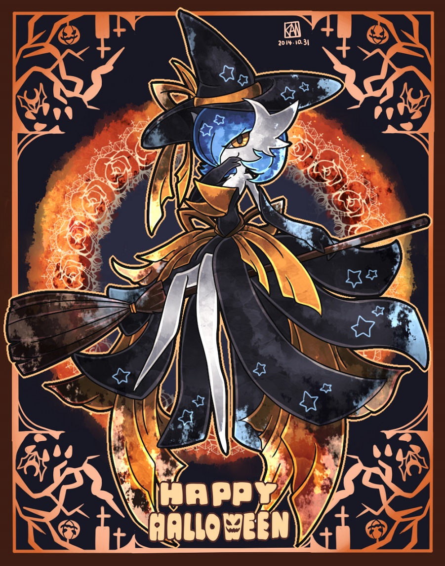 alternate_color, black_dress, black_gloves, black_hat, blue_hair, bob_cut, broom, broom_riding, colored_skin, crossed_legs, dated, dress, elbow_gloves, gardevoir, gloves, halloween, happy_halloween, hat, kanna_(kan419_k), mega_gardevoir, orange_eyes, pokemon, pokemon_(creature), shiny_pokemon, signature, smile, star_(symbol), strapless, strapless_dress, white_skin, witch_hat